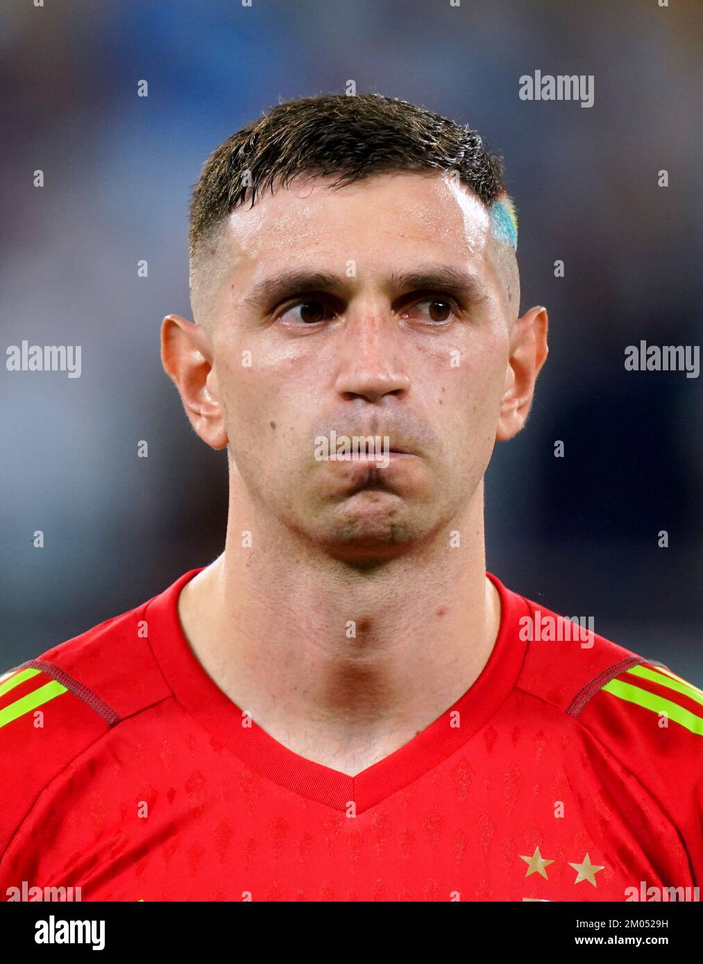 Argentina goalkeeper Emiliano Martinez lines up on the pitch ahead of