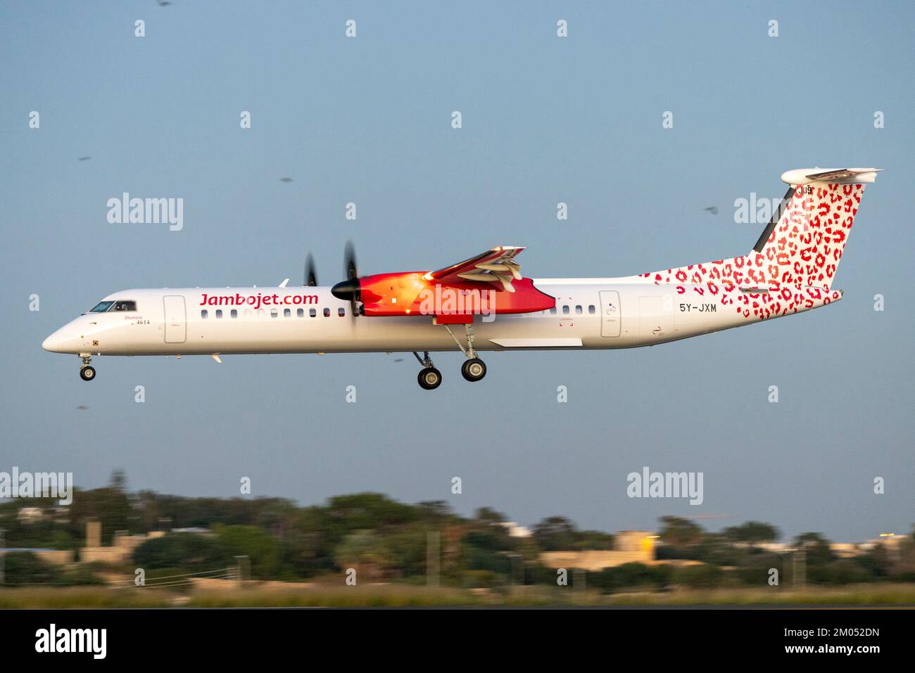 Jambojet De Havilland Canada DHC-8-402Q Dash 8 (REG: 5Y-JXM) on finals well after sunset on delivery flight. Stock Photo