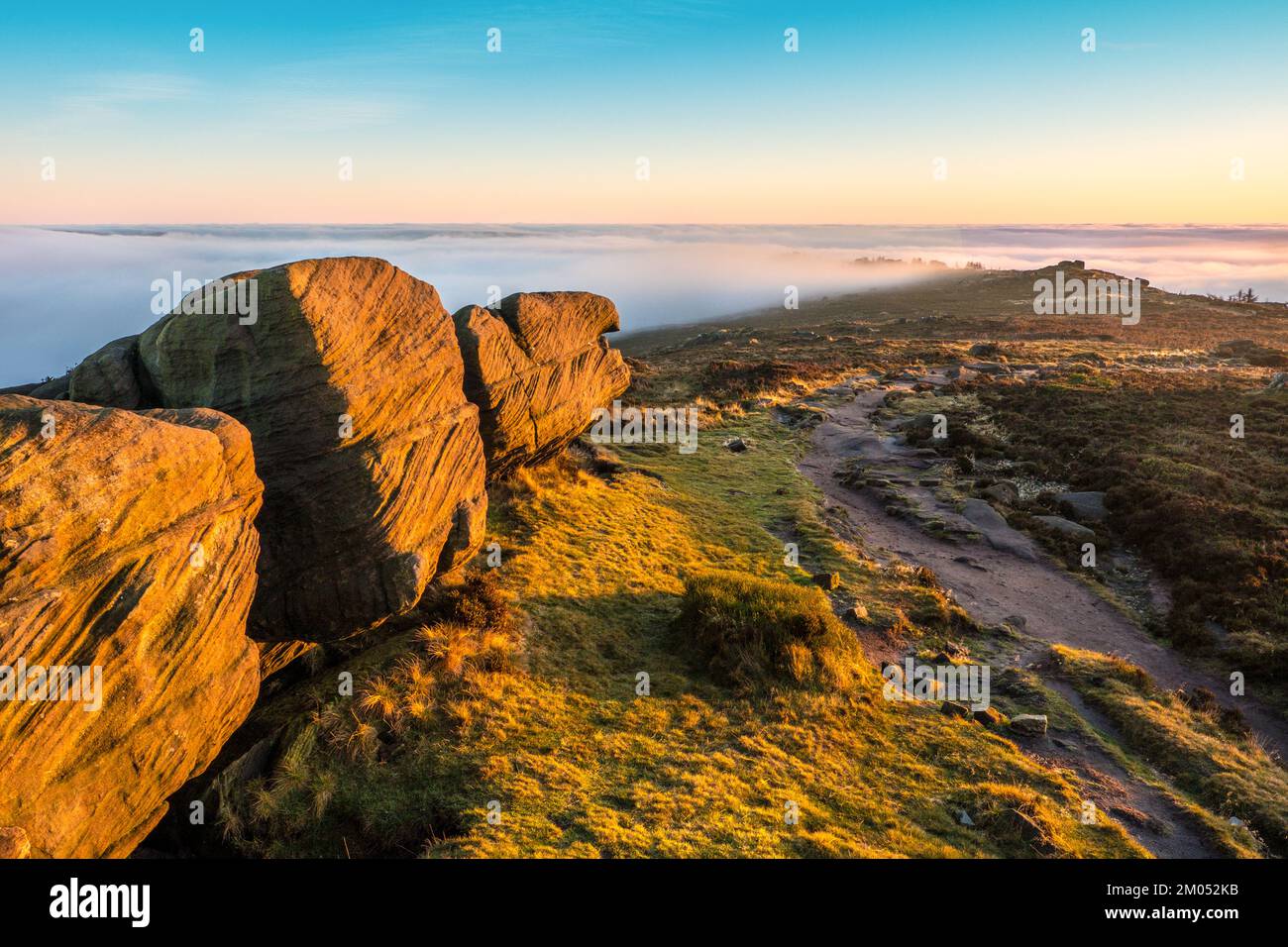 The Roaches ridge with autumn mists below, Peak District National Park Stock Photo