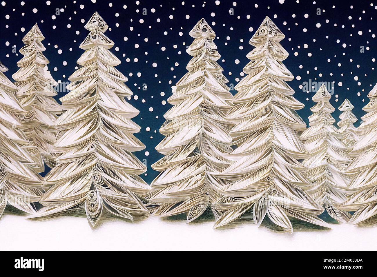 paper quilling winter landscape of white christmas trees and snow Stock Photo