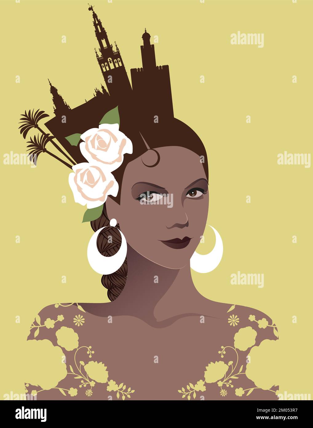 Stylized portrait of a beautiful Spanish woman wearing flowers in her hair, large earrings, embroidered flowery ornaments and symbolic comb with silho Stock Vector