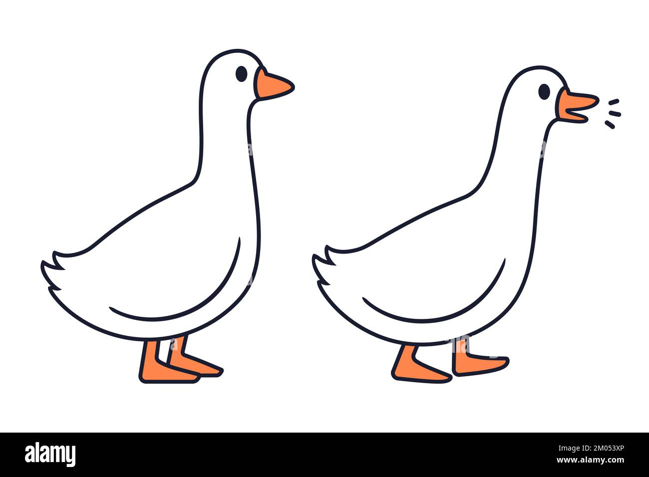 Cute cartoon goose standing and walking. Simple white goose drawing, vector illustration. Stock Vector