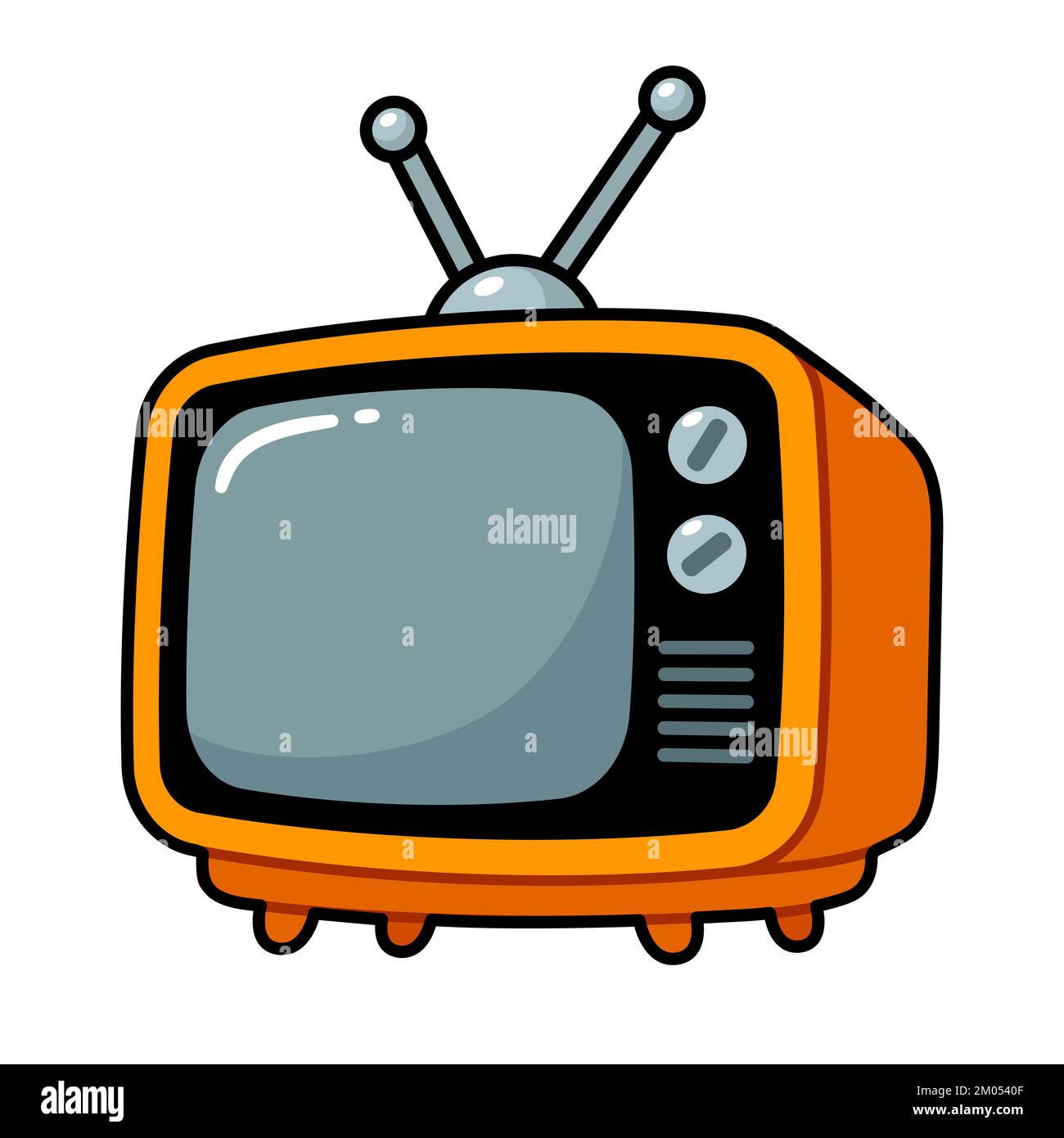 Vintage television set in cute cartoon style. Orange TV with antenna. Vector clip art illustration. Stock Vector