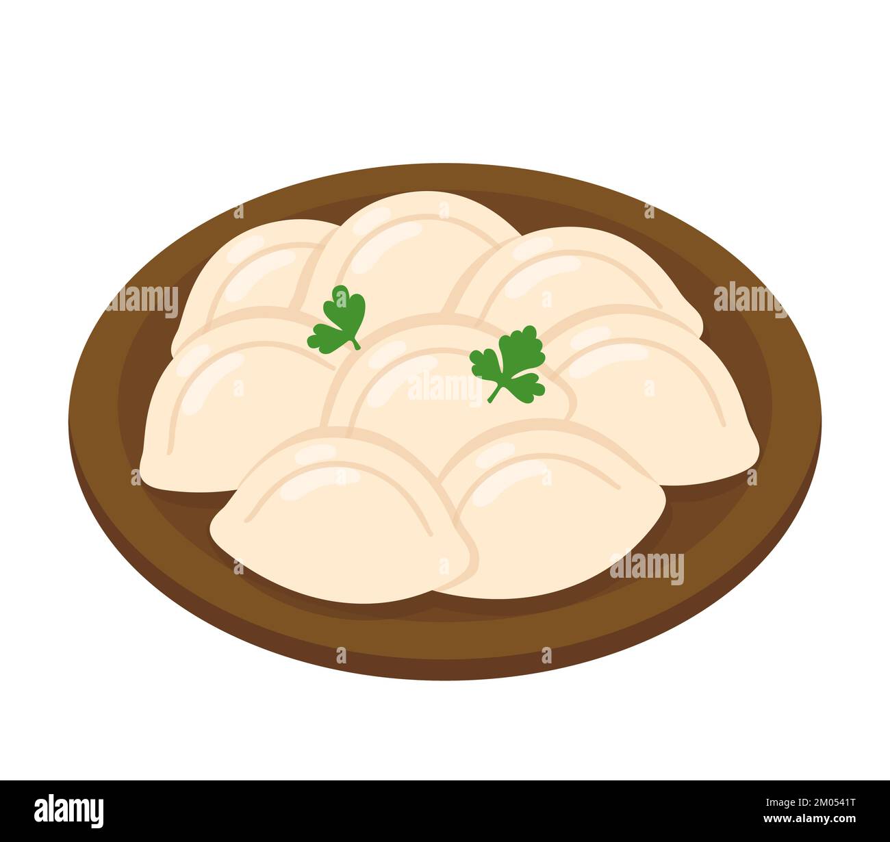 Pierogi or varenyky, traditional Eastern European dumplings on a plate. Cartoon vector illustration. Stock Vector