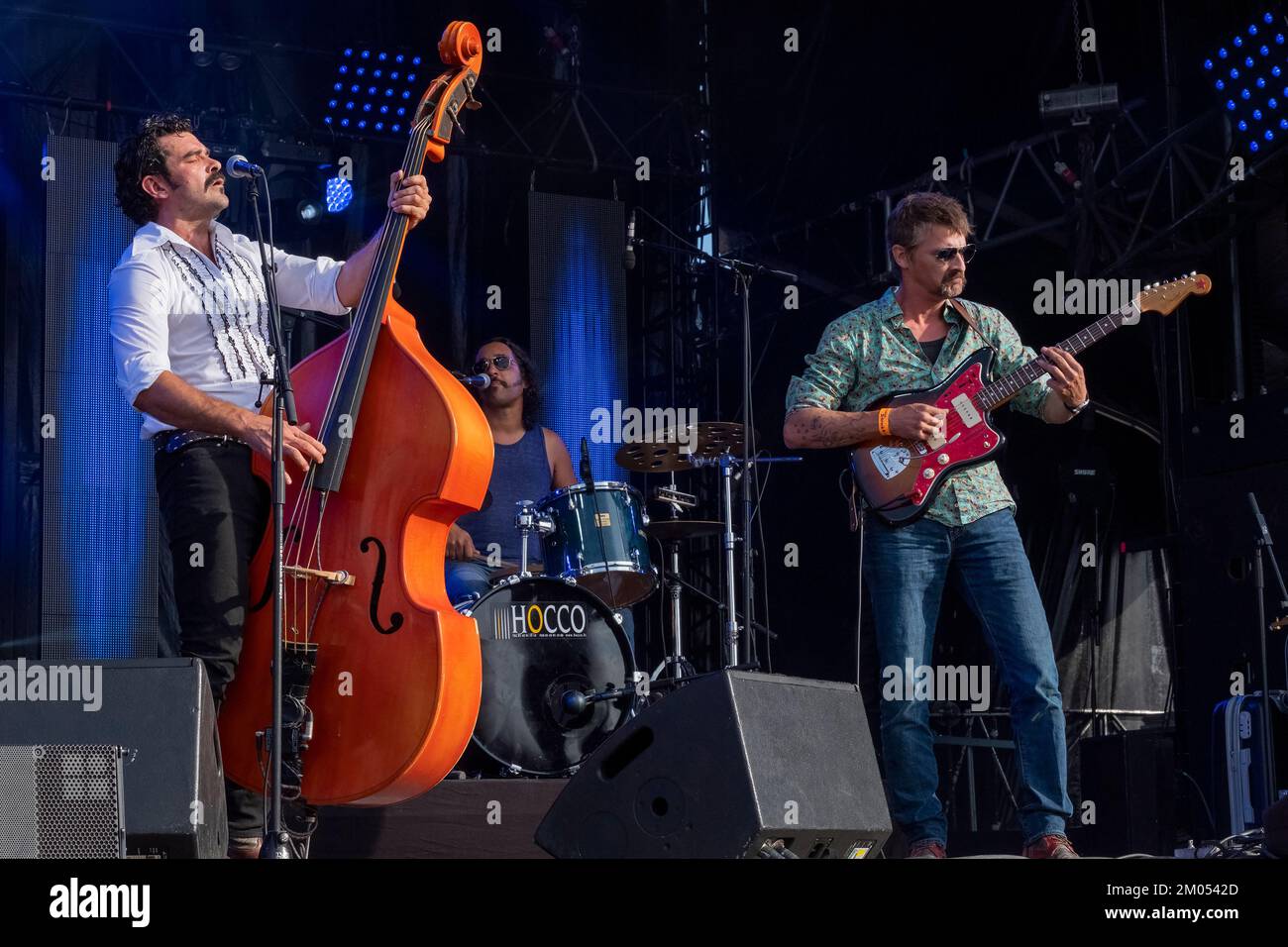 Double bass player and singer, guitarist and drummer of the rockabilly band Johnny Montreuil on stage Stock Photo