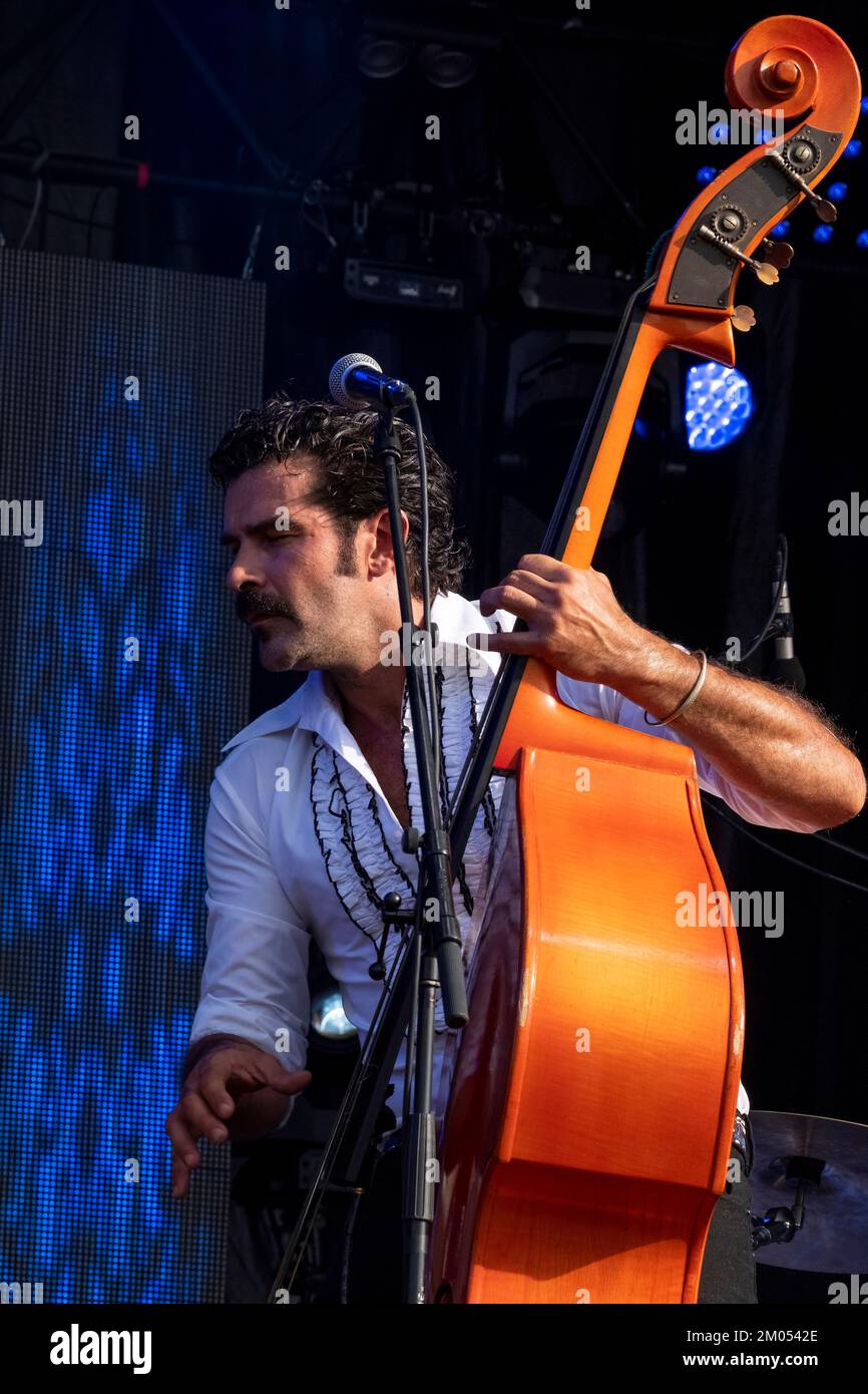 Singer and double bass player of the rockabilly band Johnny Montreuil on stage Stock Photo