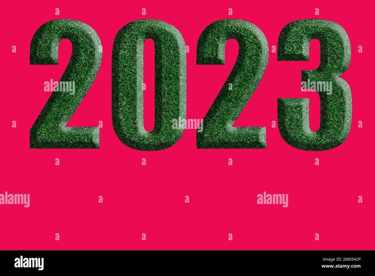 Calendar 2023. Green Volumetric Date of the New Year 2023 with the texture of a Christmas tree on the background of Via Magenta, crimson. Stylish tren Stock Photo
