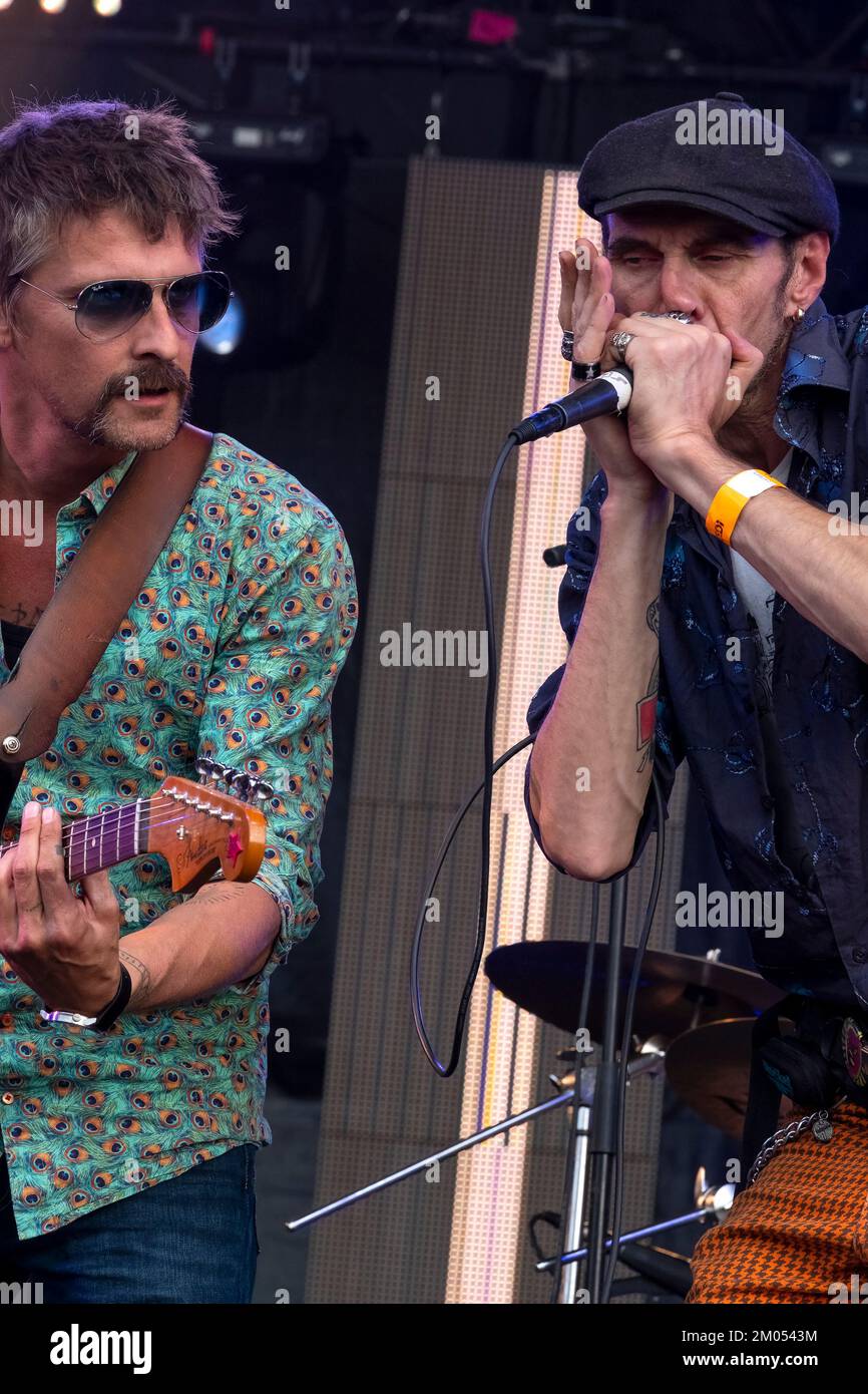 Harmonica player and guitarist of the rockabilly band Johnny Montreuil on stage Stock Photo