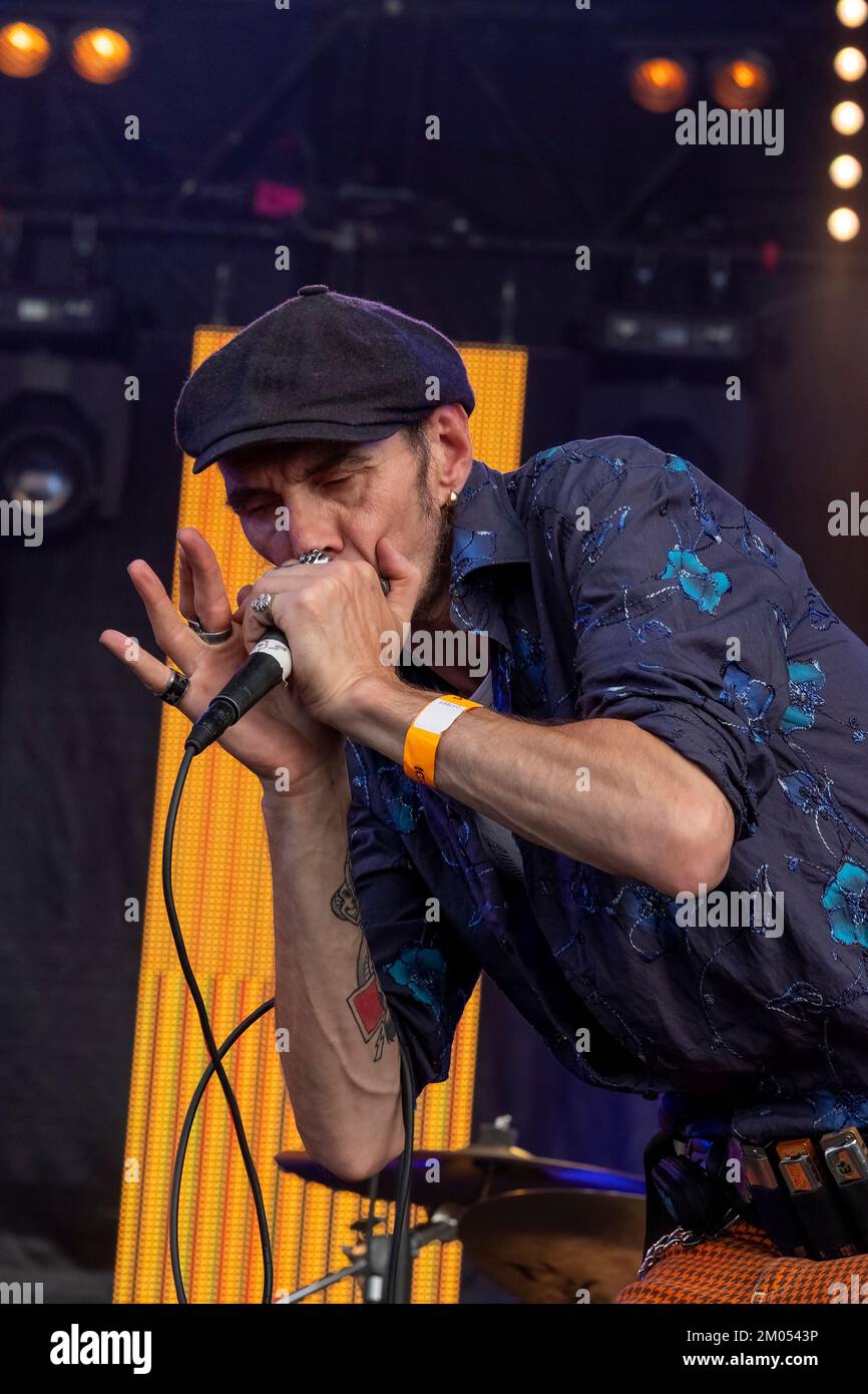 Harmonica player of the rockabilly band Johnny Montreuil on stage Stock Photo