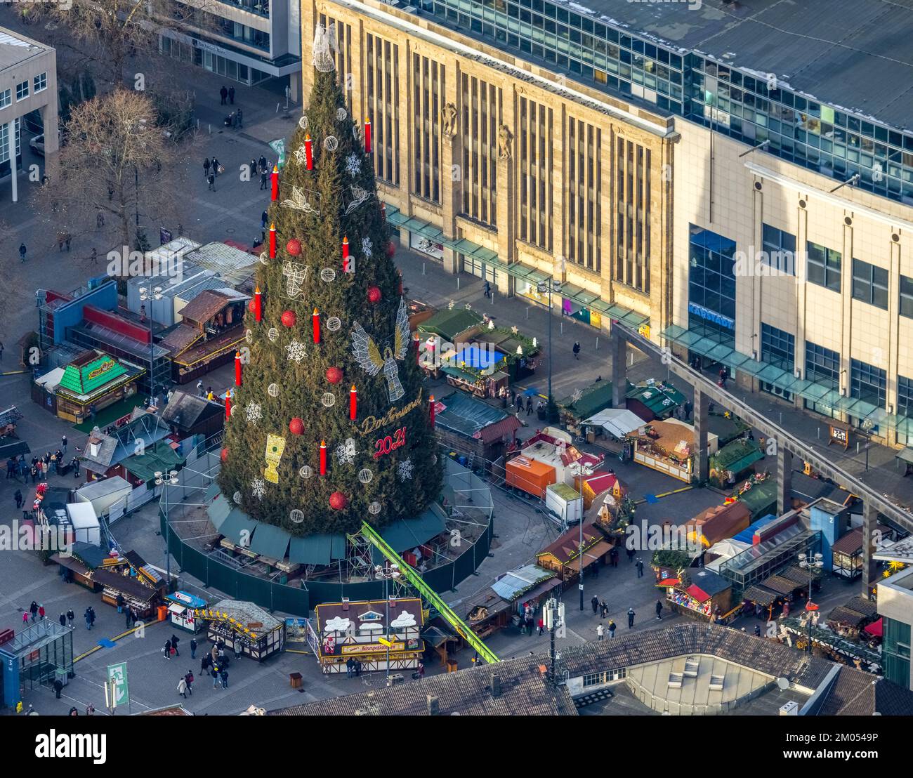 Aerial view, Germany's biggest Christmas tree on Hansaplatz in the city in Dortmund, Ruhr area, North Rhine-Westphalia, Germany, DE, Dortmund, Europe, Stock Photo