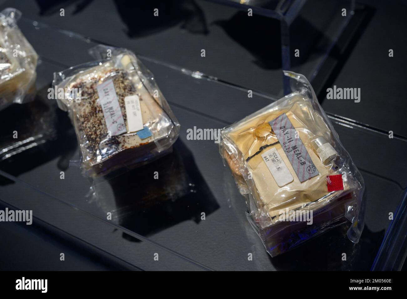 Space food packages from the Apollo era. The Cosmos Discovery exhibition in Slovakia. Stock Photo