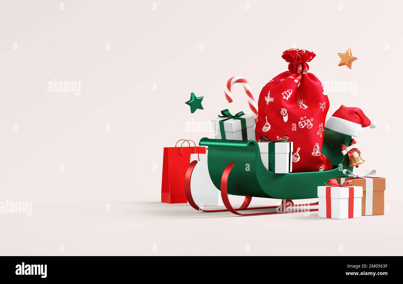 Christmas sale banner template with Santa sleigh and gifts on a neutral ...