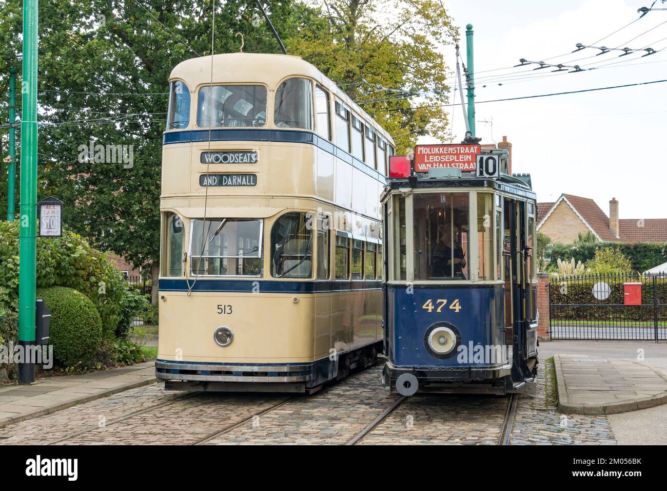 Single deck and double deck trams at East Anglia Transport museum 2022 Stock Photo