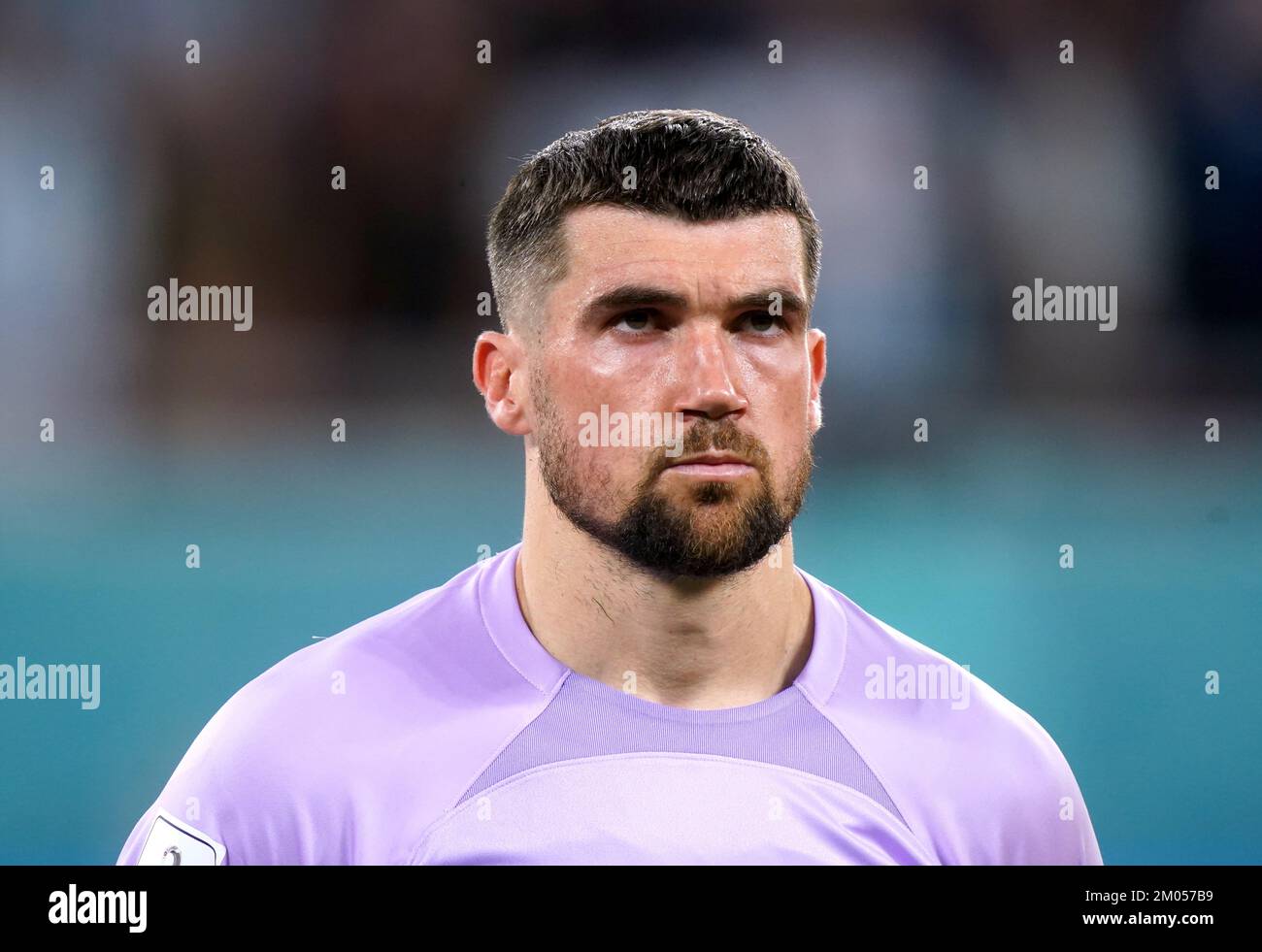 Australia goalkeeper Mathew Ryan lines up on the pitch ahead of the FIFA World Cup round of 16 match at the Ahmad Bin Ali Stadium in Al Rayyan, Qatar. Picture date: Saturday December 3, 2022. Stock Photo