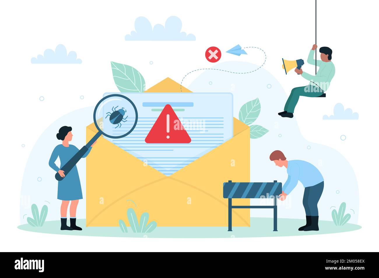 Cybersecurity, electronic correspondence protection vector illustration. Cartoon tiny people put up spam barrier, holding magnifying glass to see bug or virus in email messages with alert notification Stock Vector