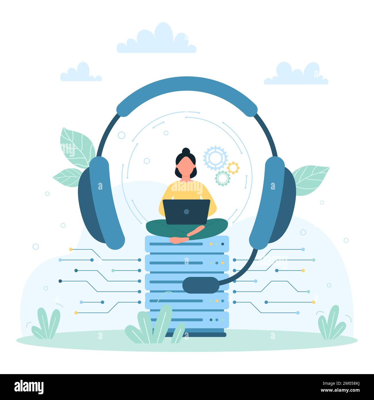 Customers support service vector illustration. Cartoon tiny woman 
