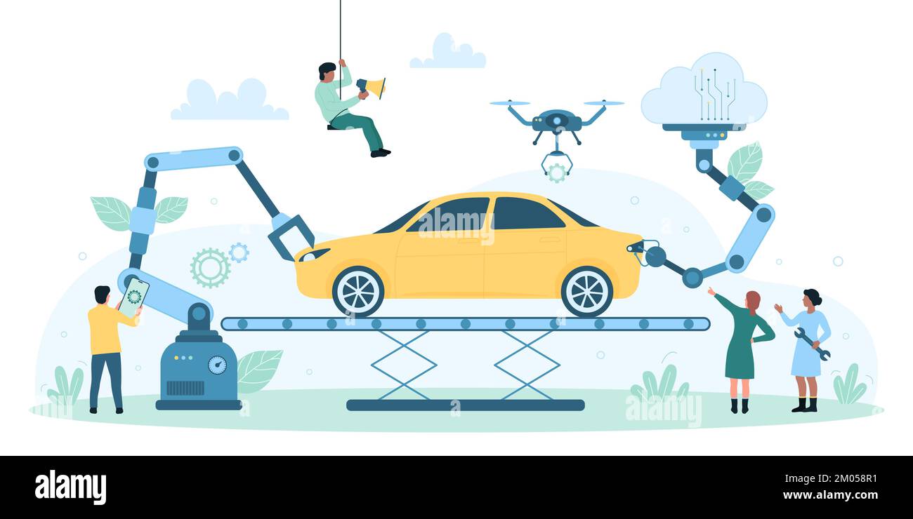 Car production in factory, automatic assembly of automobile on conveyor line vector illustration. Cartoon tiny people, drones and robot arms working together, installing vehicle parts and electronics Stock Vector