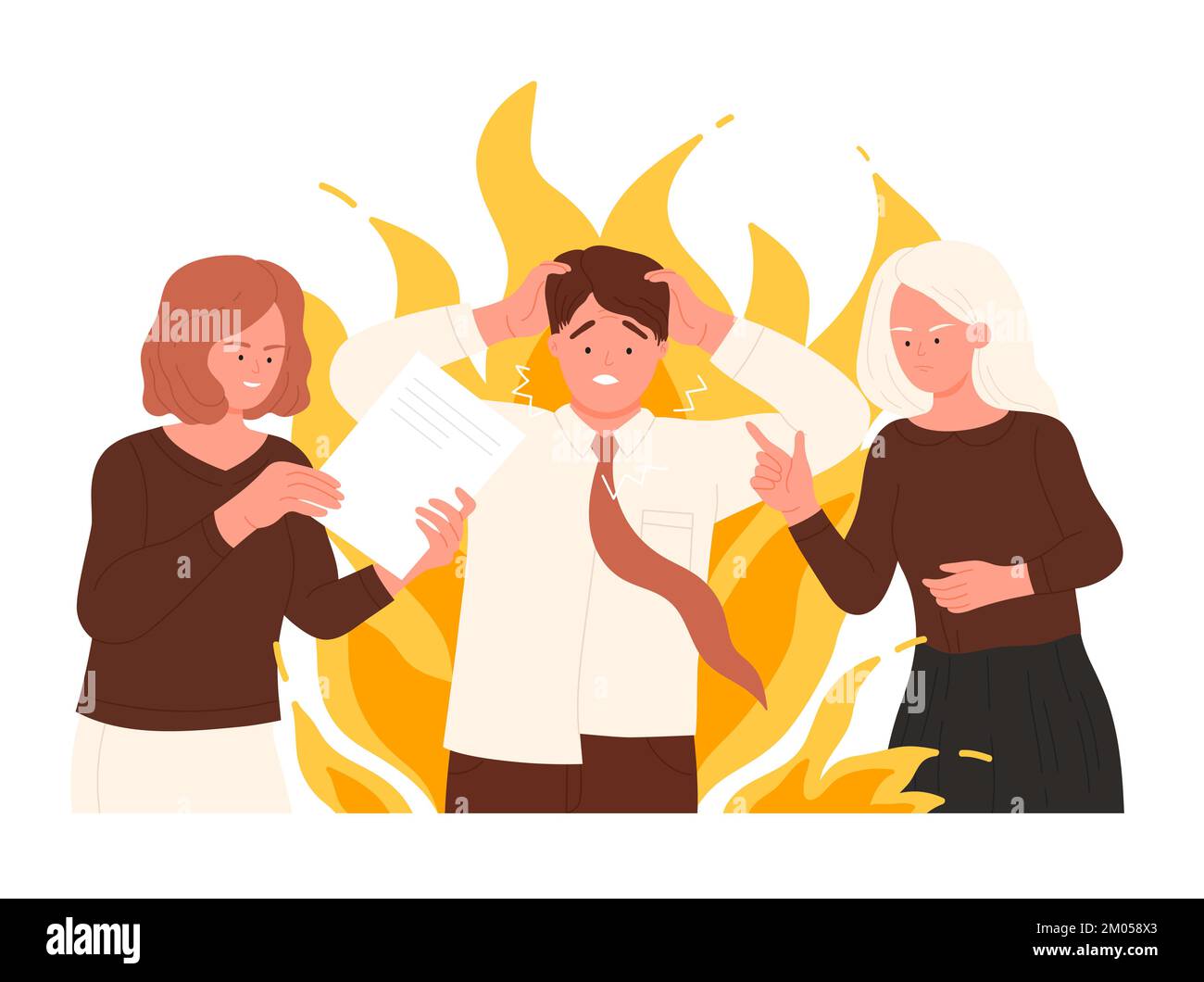Deadline pressure, office people work in high stress vector illustration. Cartoon exhausted tired sad businessman with fire behind head and business problems needs help from busy angry employees Stock Vector