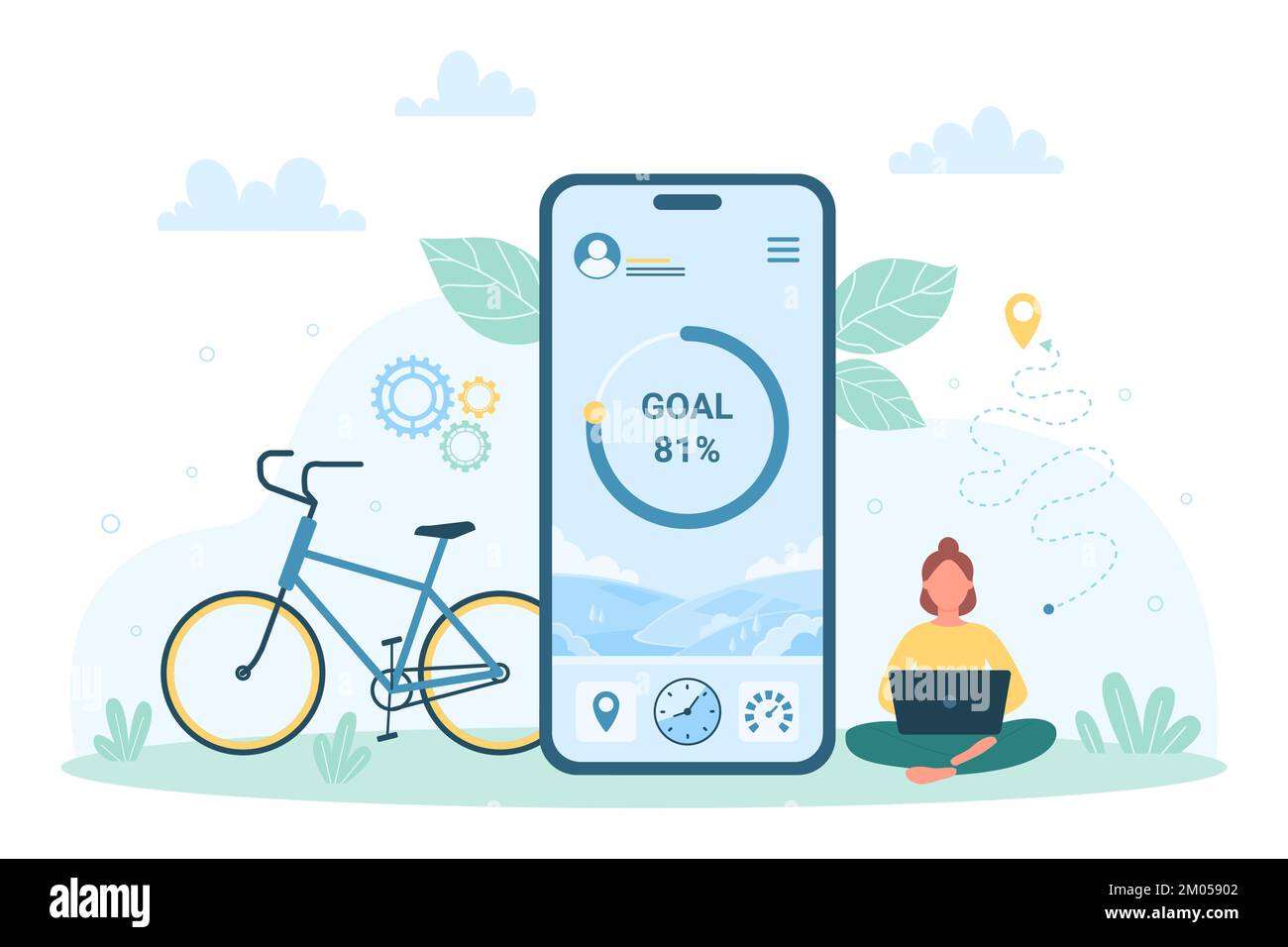 Cycling app vector illustration. Cartoon tiny woman using cycling app ...