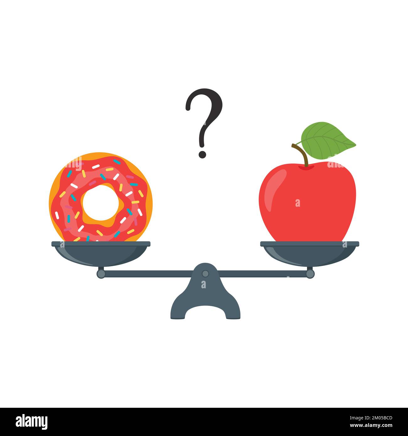 Apple and doughnut on scales. Diet concept. Healthy and unhealthy food