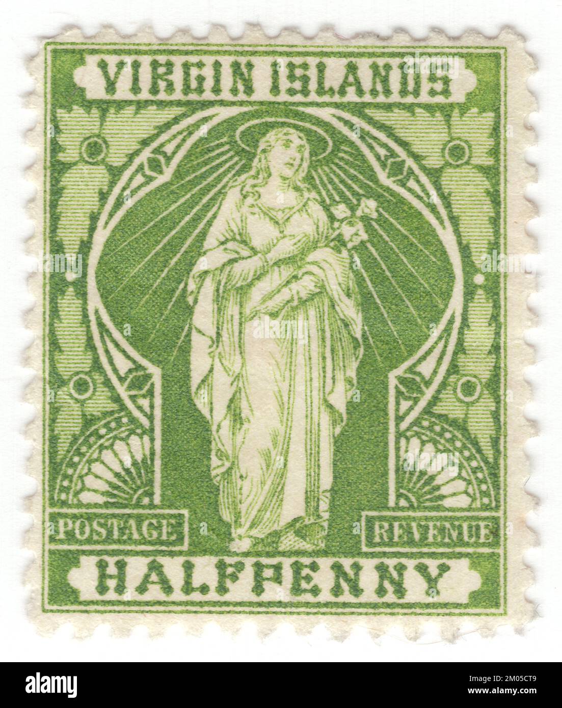 VIRGIN ISLANDS - 1899: An ½ pence green postage stamp showing St. Ursula with Sheaf of Lilies. The Virgin Islands in the West Indies are a British colony, the capital is Road Town. The British Virgin Islands constituted one of the presidencies of the former Leeward Islands colony until it became a colony itself in 1956. The islands were named 'Santa Úrsula y las Once Mil Vírgenes' by Christopher Columbus in 1493 after the legend of Saint Ursula and the 11,000 virgins. The name was later shortened to 'the Virgin Islands' Stock Photo