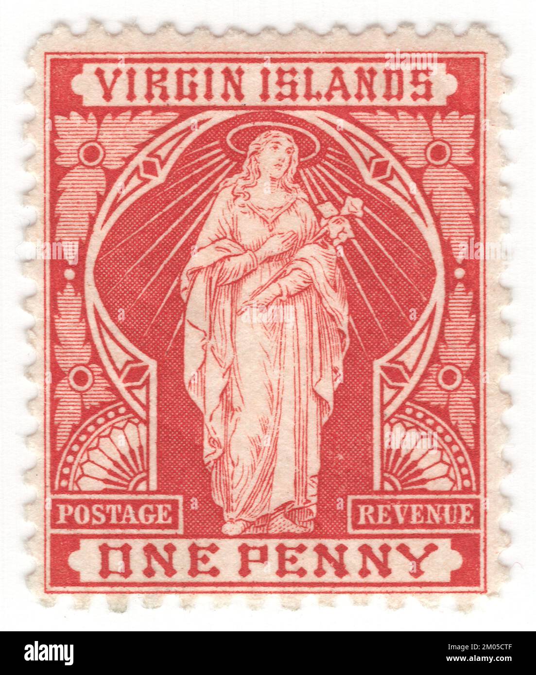 VIRGIN ISLANDS - 1899: An 1 pence red postage stamp showing St. Ursula with Sheaf of Lilies. The Virgin Islands in the West Indies are a British colony, the capital is Road Town. The British Virgin Islands constituted one of the presidencies of the former Leeward Islands colony until it became a colony itself in 1956. The islands were named 'Santa Úrsula y las Once Mil Vírgenes' by Christopher Columbus in 1493 after the legend of Saint Ursula and the 11,000 virgins. The name was later shortened to 'the Virgin Islands' Stock Photo