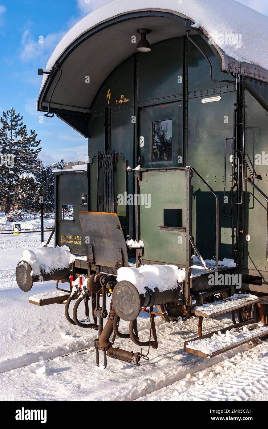 Historic passenger wagons on a track, Muensingen railway station