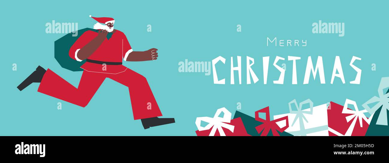 Vector illustration with flat African American character of Santa Claus in red costume. He runs and holds bag with gifts. Horizontal banner with text Stock Vector