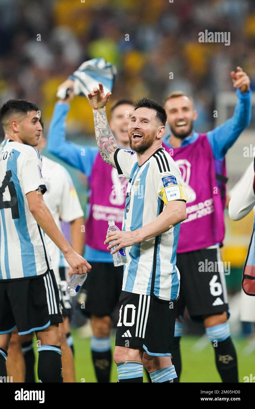 December 4, 2022: Lionel Messi (c) of Argentina celebrates the victory  after FIFA World Cup match 50, Round of sexteen, between Argentina and  Australia in Ahmad Bin Ali Stadium, Qatar, 03 December,