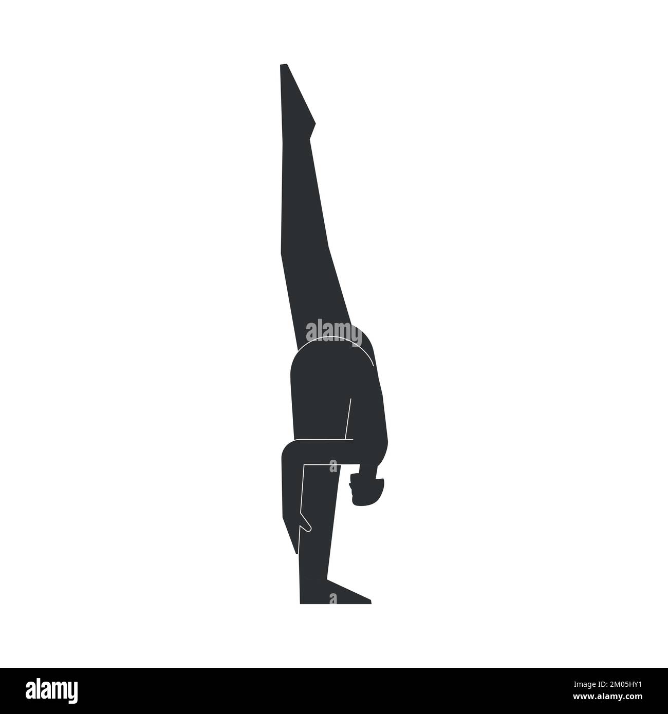 Vector isolated illustration with flat black silhouette of female person doing finess. Athletic woman learns yoga posture Supta Trivikramasana. Sporti Stock Vector