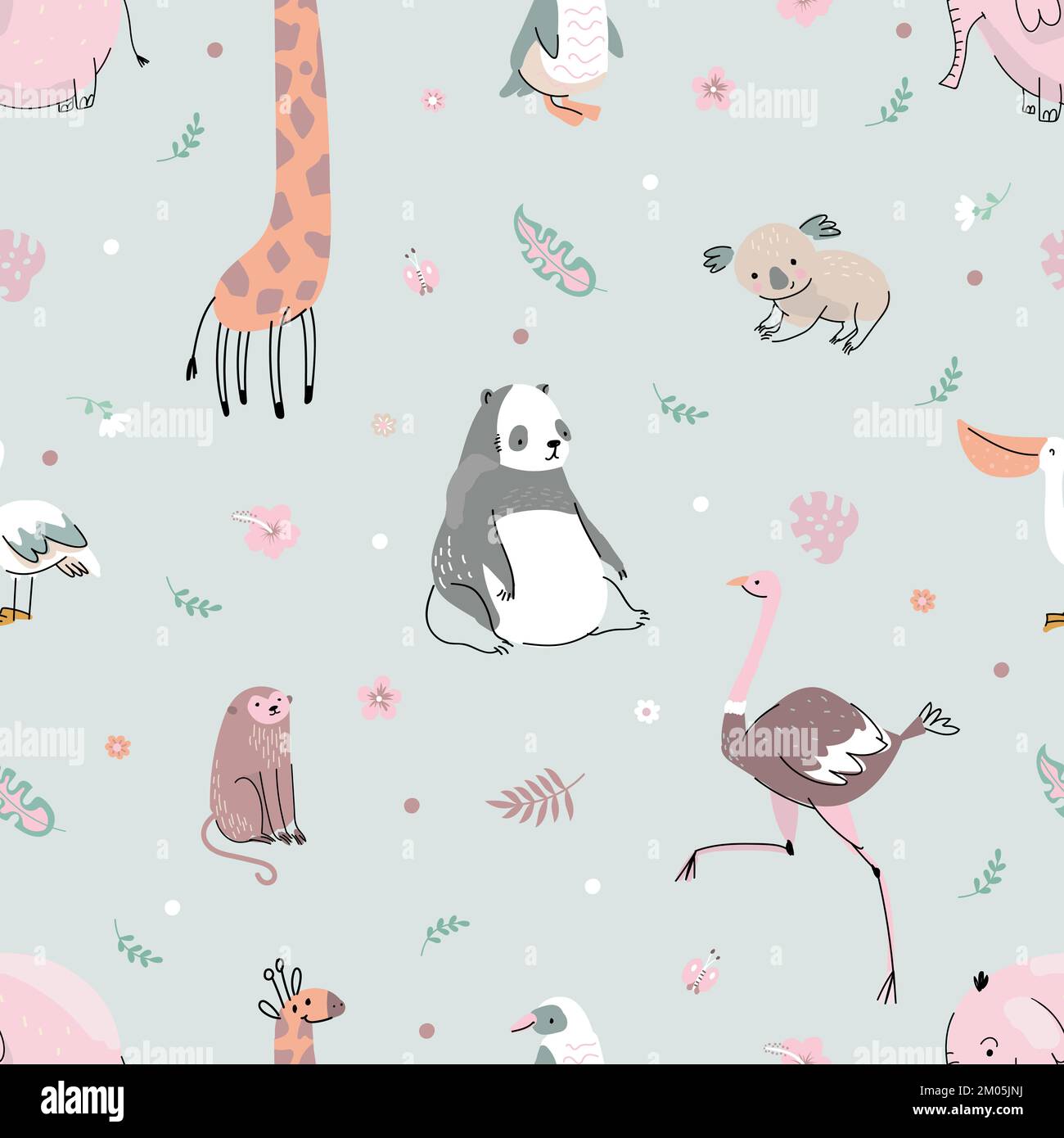 Cartoon flat jungle animal print. Animals wild africa safari, zoo ...