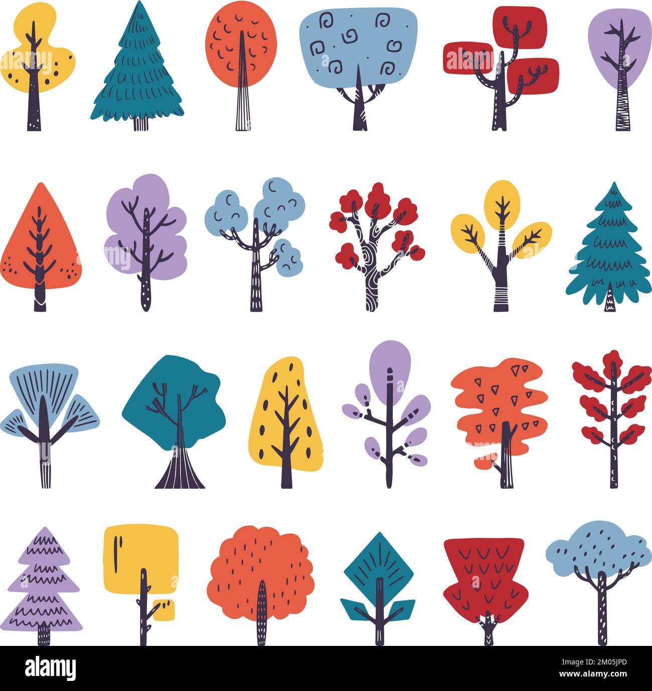 Doodle flat tree, cute bushes. Eco scandinavian style trees. Forest or park decoration plants. Natural trendy graphic neoteric vector woodland kit Stock Vector