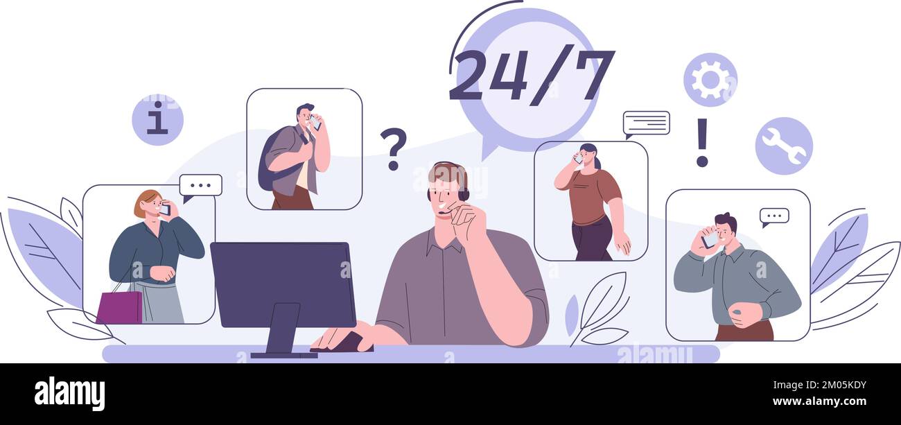Professional online helping service. Virtual psychology help, man in headset with computer consult people. 24 hours support hotline, kicky characters Stock Vector