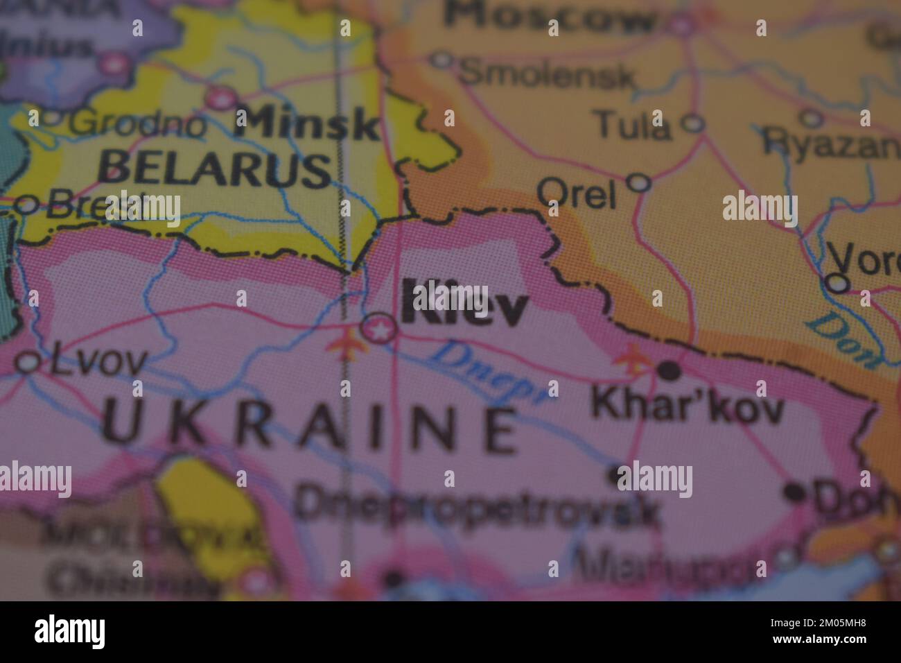 Kiev Country Name On The Political World Map Very Macro Close-Up View Stock Photo