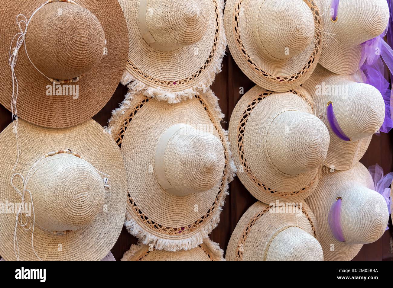 Straw hats at Lavender Festival in July at Brihuega, Castilla la Mancha, Spain Stock Photo