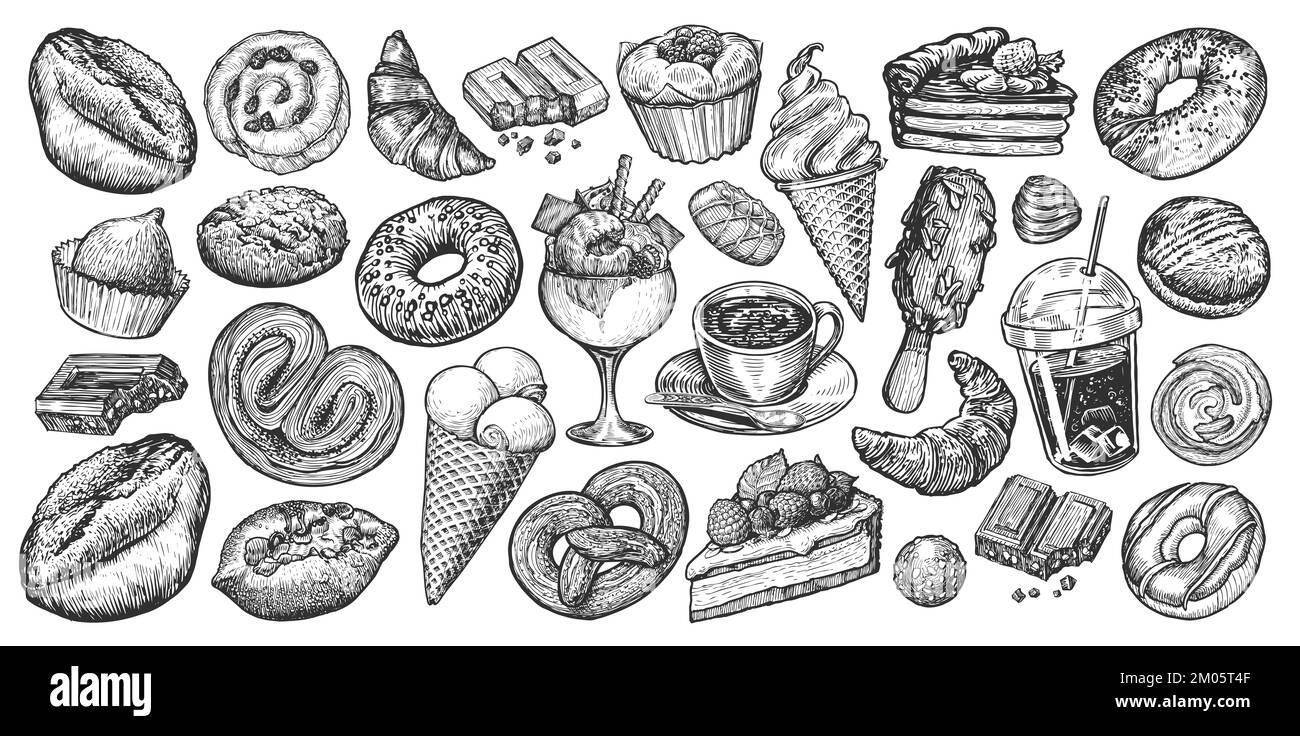 Food and Drink set isolated. Hand drawn sweet dessert concept. Collection sketches for restaurant or cafe menu Stock Photo