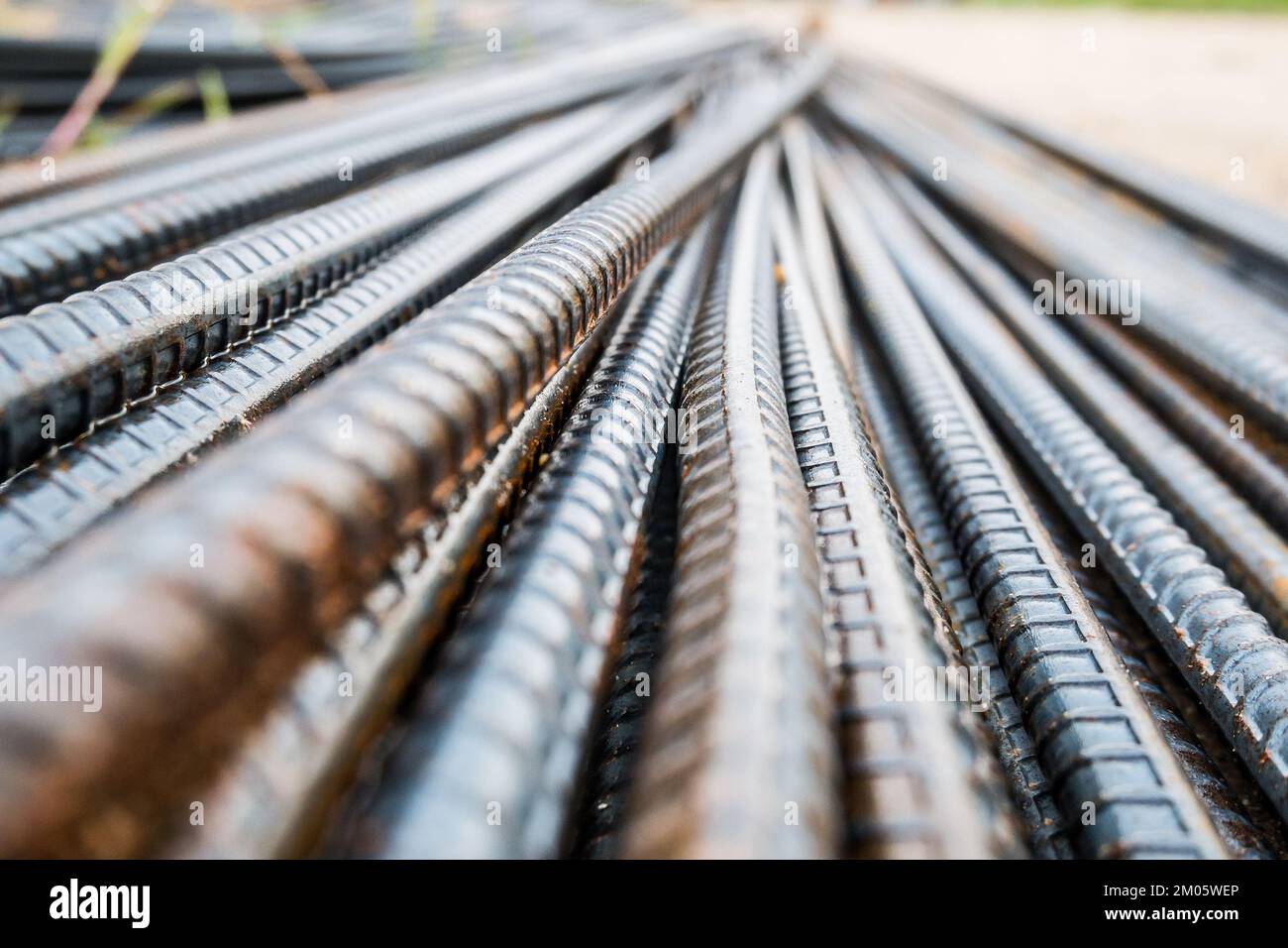 Deformed steel bars for reinforce concrete, metal texture close up