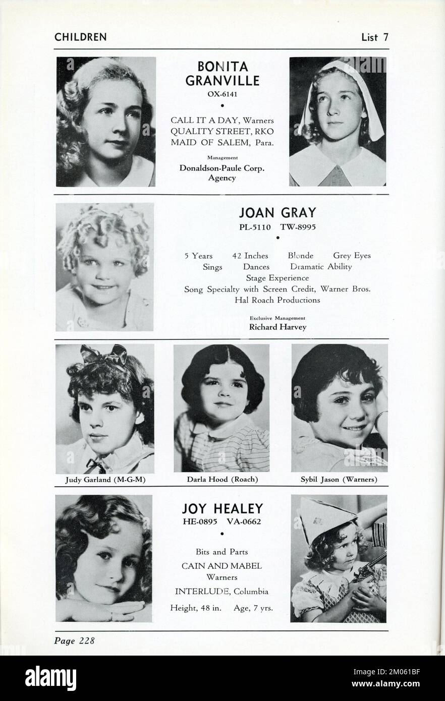 Page from Issue No.1 from January 1937 of Academy of Motion Picture Arts and Sciences Hollywood PLAYERS DIRECTORY BULLETIN featuring Girl Children BONITA GRANVILLE, JOAN GRAY, JUDY GARLAND, DARLA HOOD, SYBIL JASON and JOY HEALEY. Stock Photo