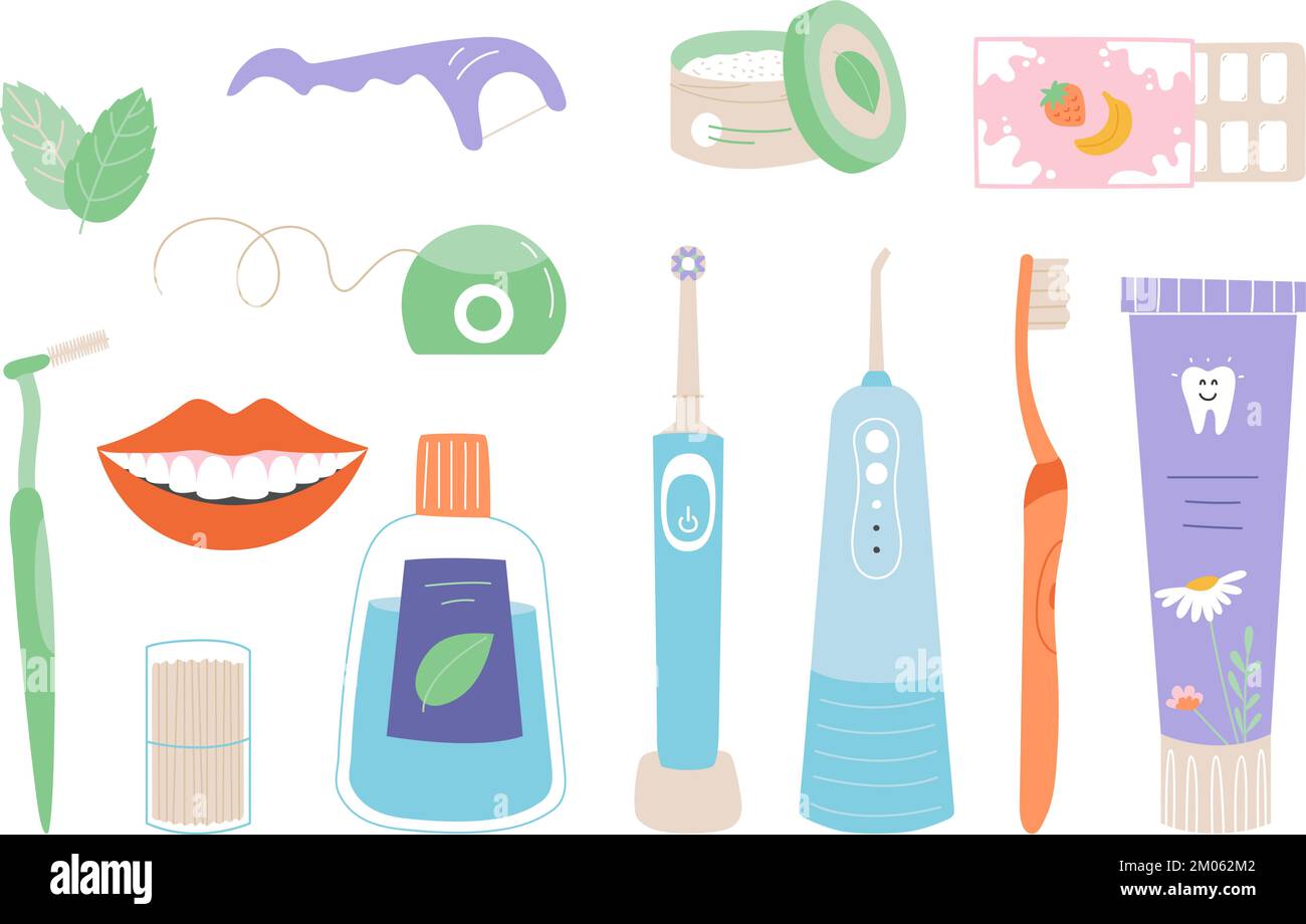 Dental cleaning tools and mouth. Toothpaste, freshener and brushes