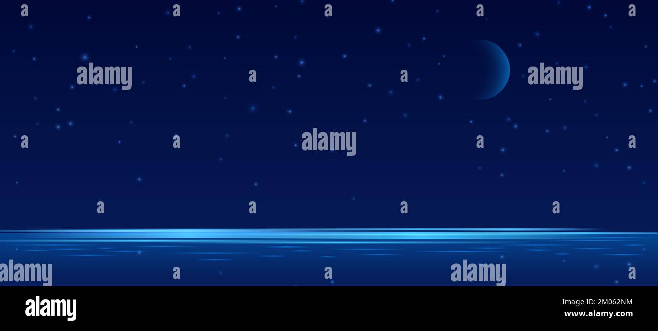 Starry night sky, blue moon and water. Shine evening vector background with  stars lights. Decorative graphic landscape, shining glowing lake Stock  Vector Image \u0026 Art - Alamy, image size:1300x655