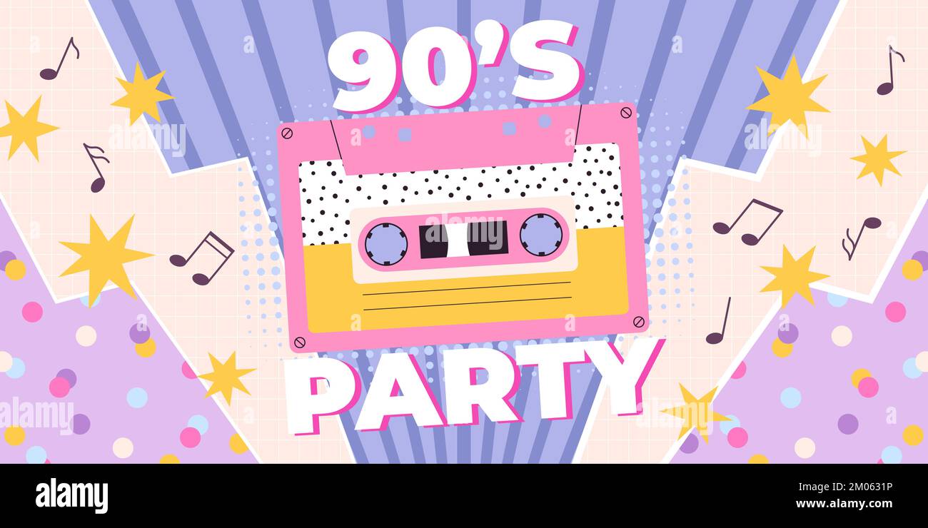 Retro music party ad invitation. 80s 90s radio background, disco graphic vintage style. Old school cassette, racy funky vector nostalgia poster Stock Vector