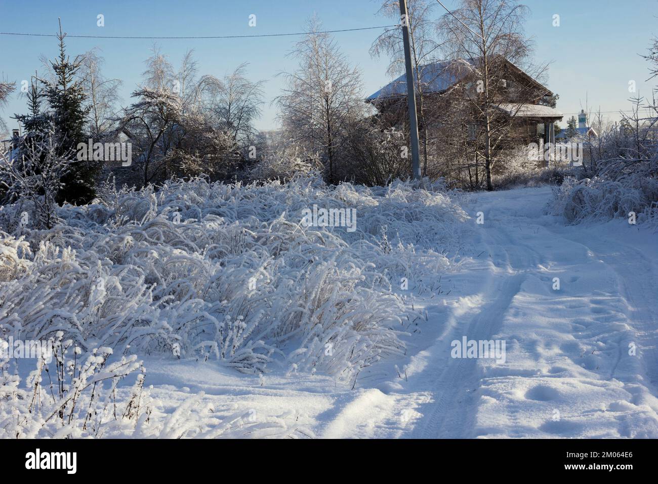 Snow rut on the outskirts of the village on a frosty winter evening ...