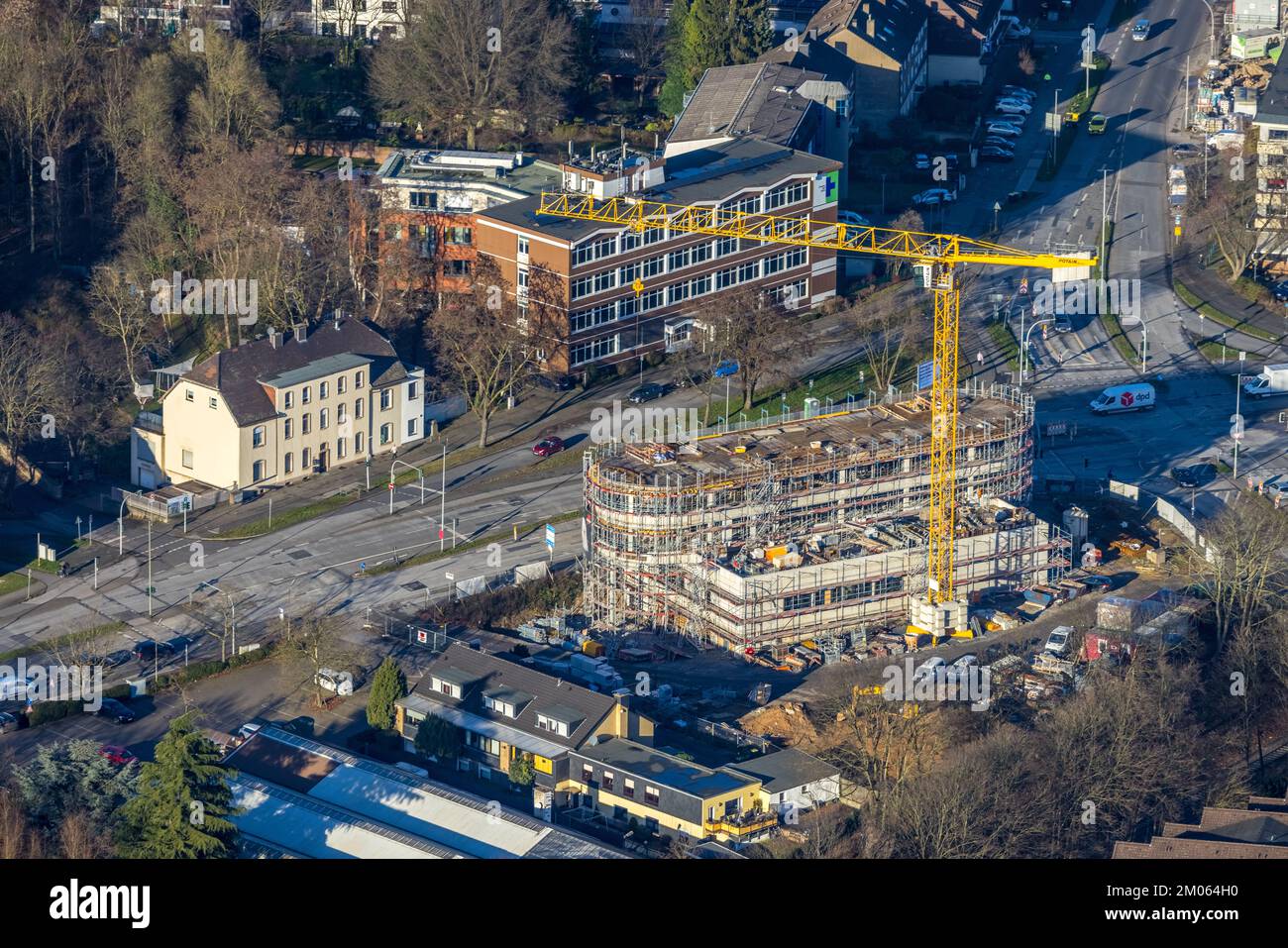 Aerial view, construction site and new building of savings bank at Sittardsberg, intersection Düsseldorfer Landstraße and Altenbrucher Damm in Buchhol Stock Photo