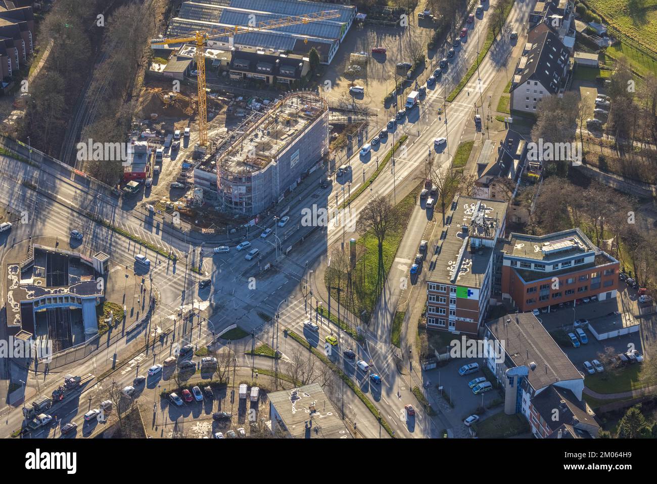 Aerial view, construction site and new building of savings bank at Sittardsberg, intersection Düsseldorfer Landstraße and Altenbrucher Damm in Buchhol Stock Photo