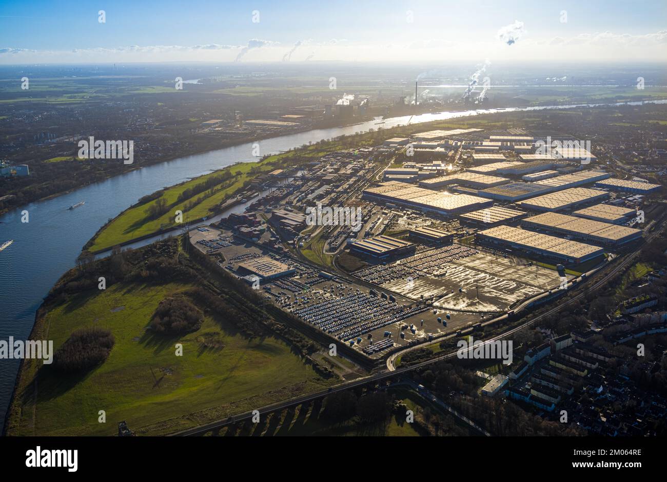 Aerial view, logport I, terminal container port on the river Rhine in the district Friemersheim in Duisburg, Ruhr area, North Rhine-Westphalia, German Stock Photo