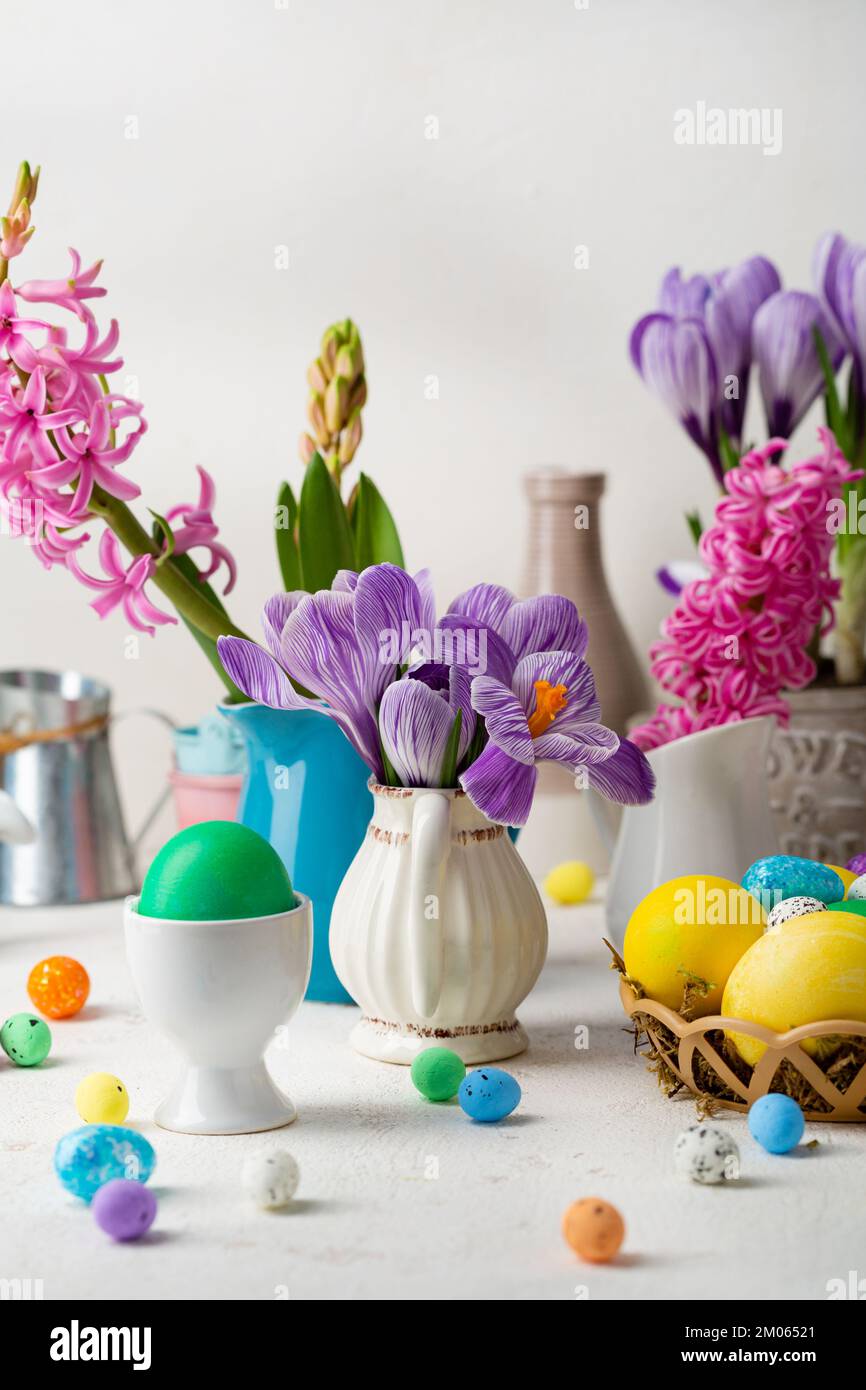 Spring Easter composition with flowers and eggs Stock Photo