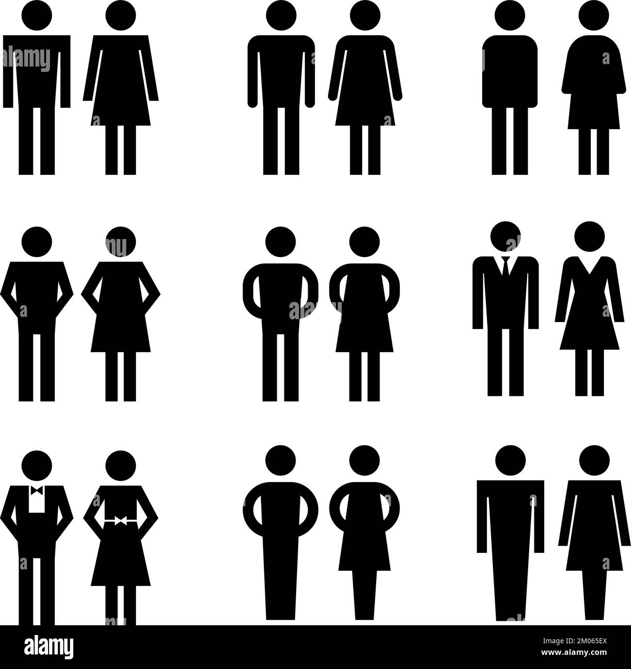 Public toilet vector signs. Woman and man hygiene washrooms symbols. Black ladies and gentlemen wc restroom door pictograms. Illustration of restroom toilet for man and woman Stock Vector