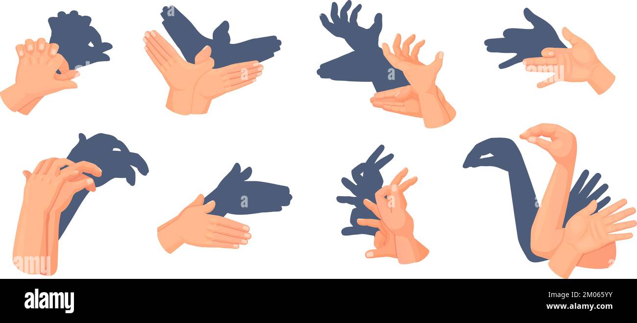 Hand shadow theatre. Animal shadows theater concept, theatrical gestures from finger human hands, antique puppet playing games light shade imagination ingenious vector illustration of puppet shadow Stock Vector