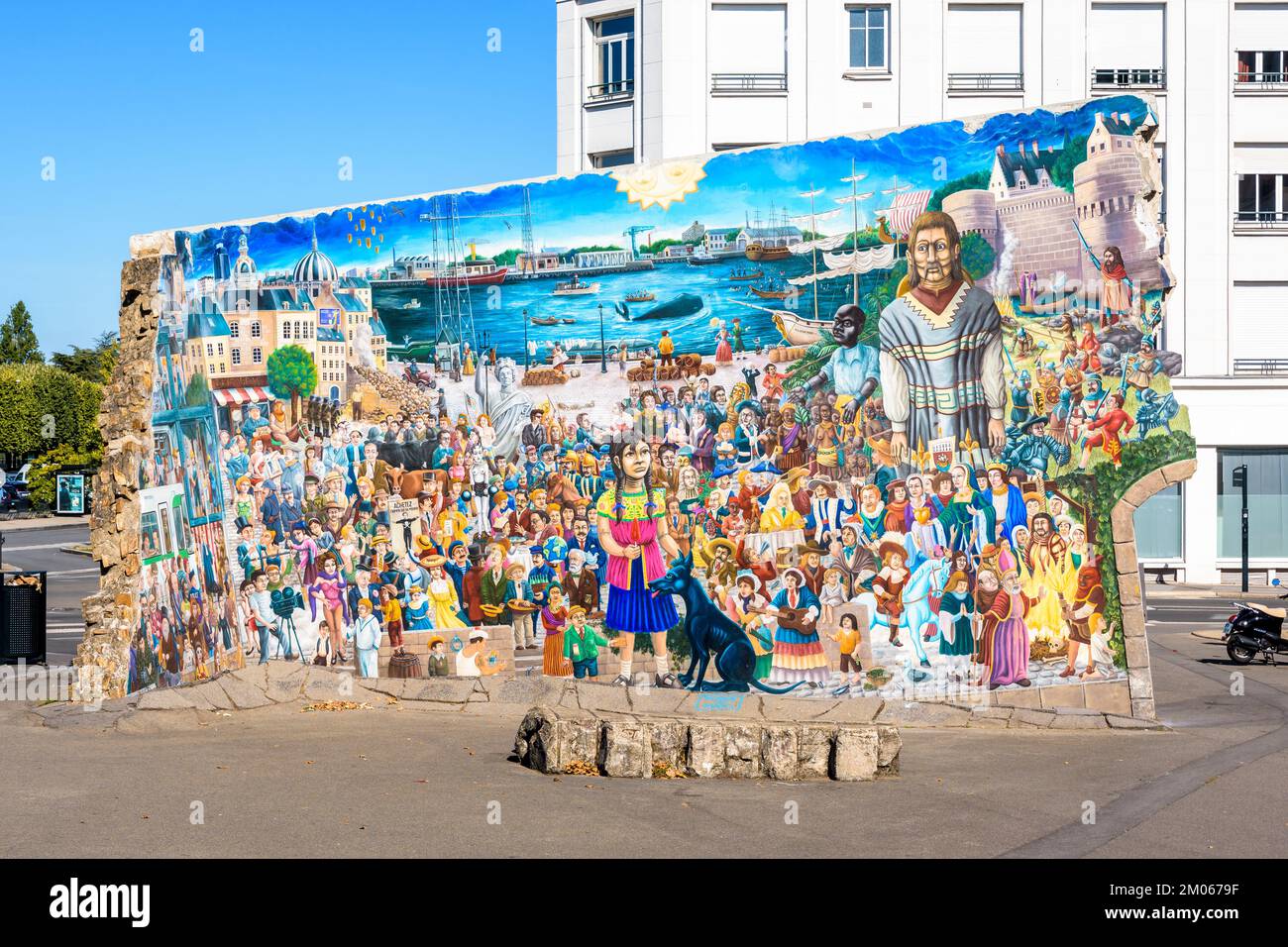 The Royal de Luxe fresco represents about 200 historic figures of Nantes, France, drawn by french illustrator David Bartex in 2014. Stock Photo