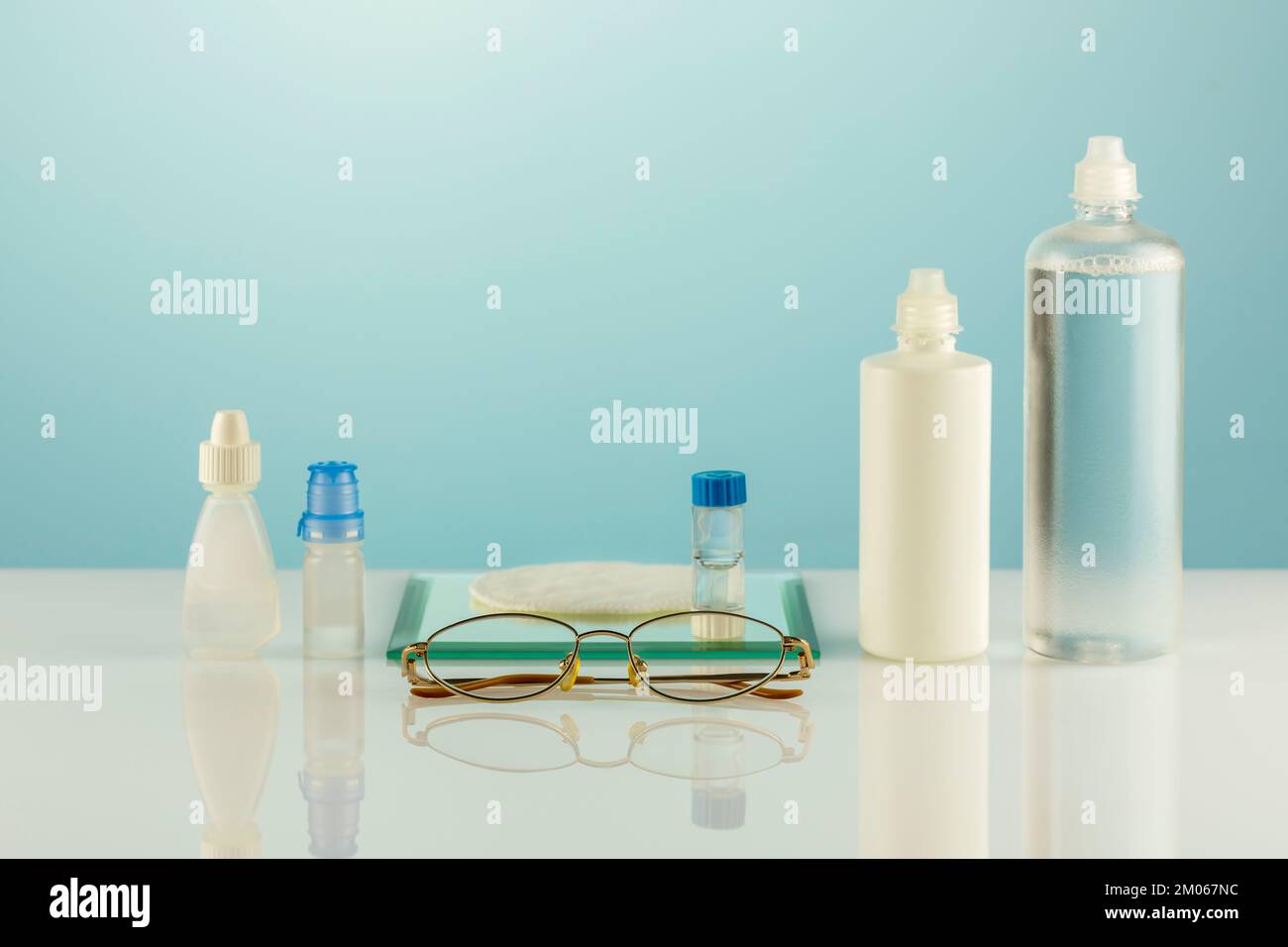 Night contact lenses. Oftalmology concept with eyeglasses, containers